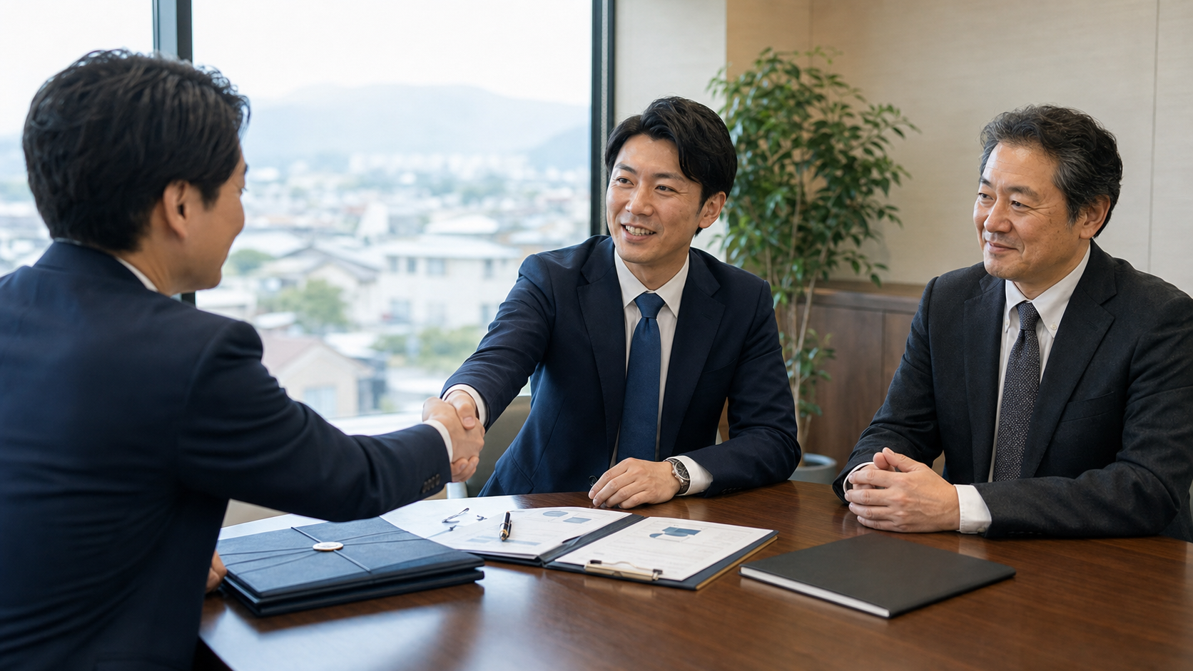 春日部周辺の会社売却・事業承継の引継ぎ相談と握手の場面