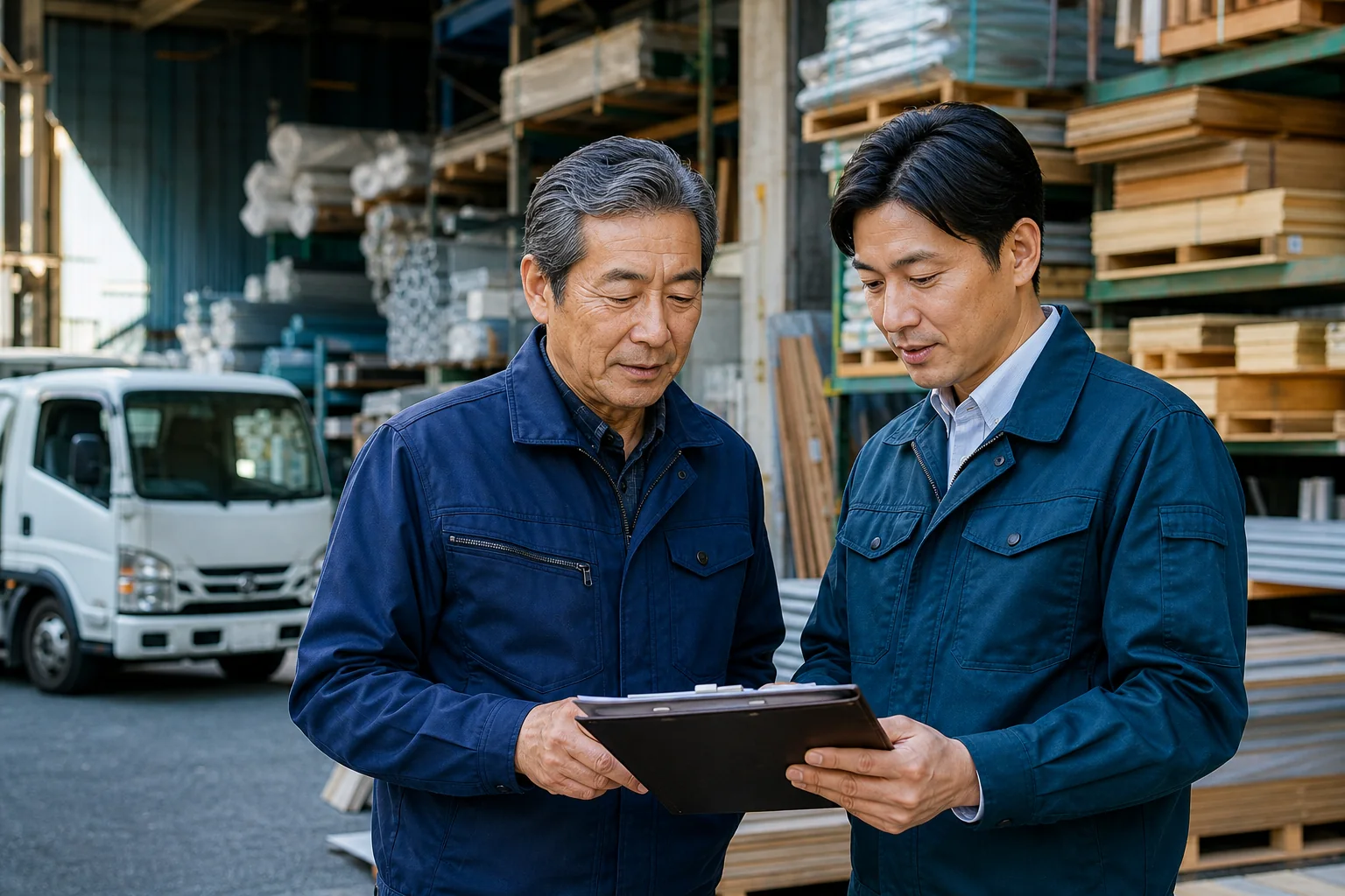 埼玉東部の物流倉庫で承継計画を確認する会社経営者とM&Aアドバイザー