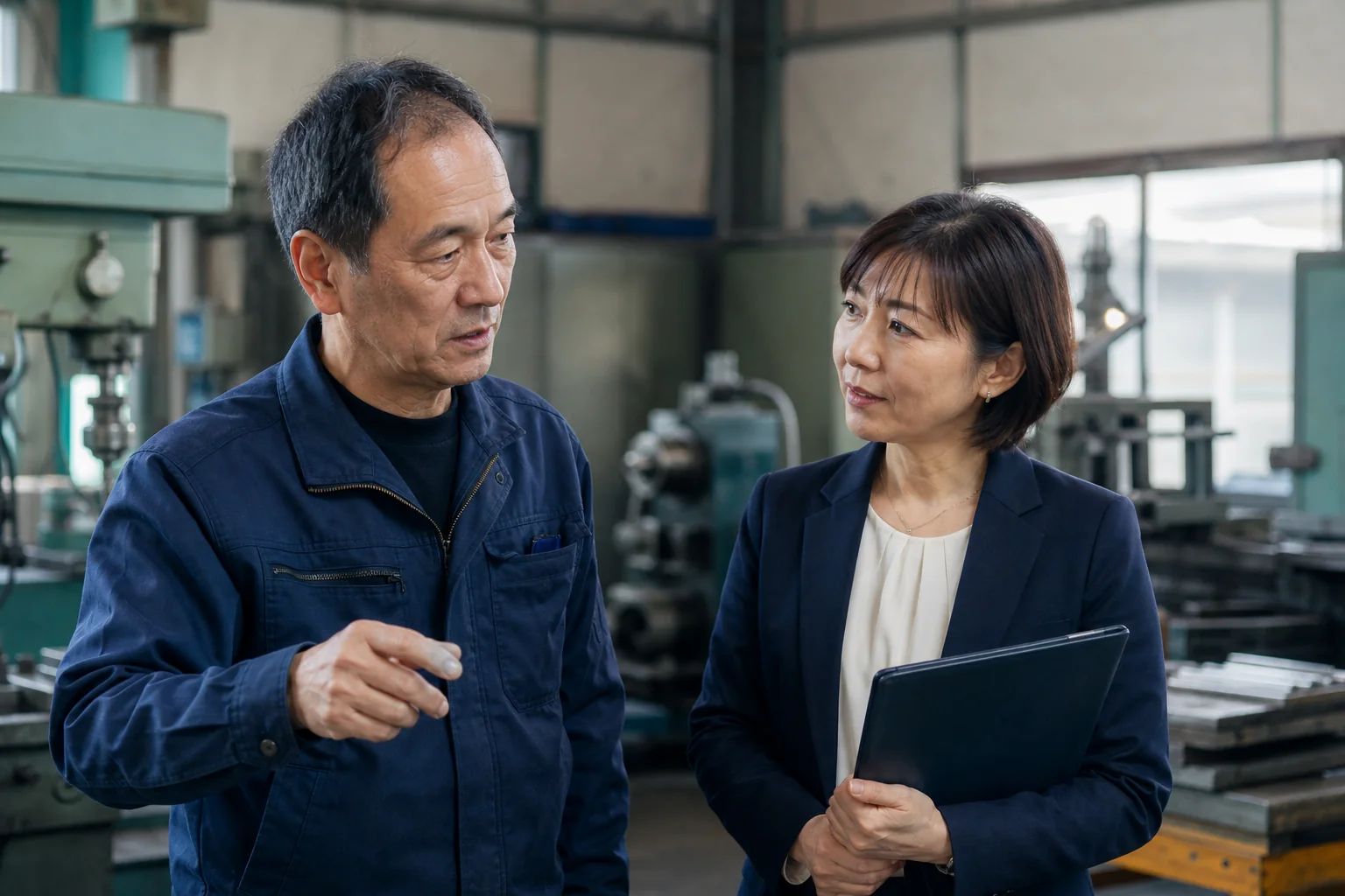 埼玉東部の製造現場で事業承継を相談する工場経営者とM&Aアドバイザー