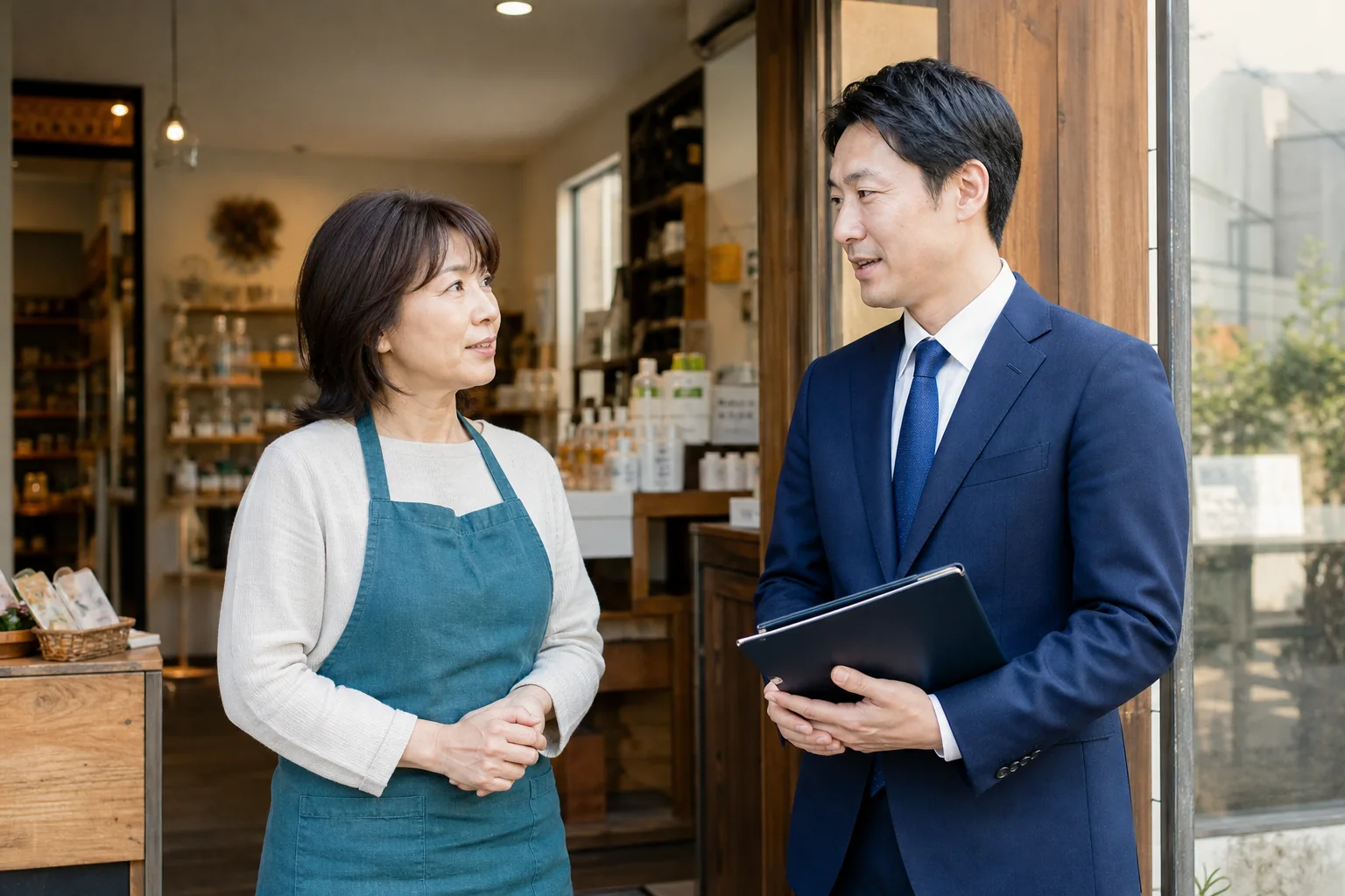 埼玉東部の地域店舗で会社承継を相談する女性経営者とM&Aアドバイザー