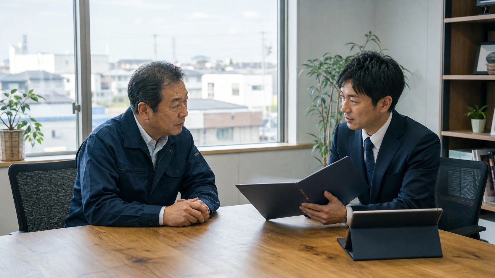 春日部・埼玉県東部の事業承継について相談する経営者と担当者のイメージ