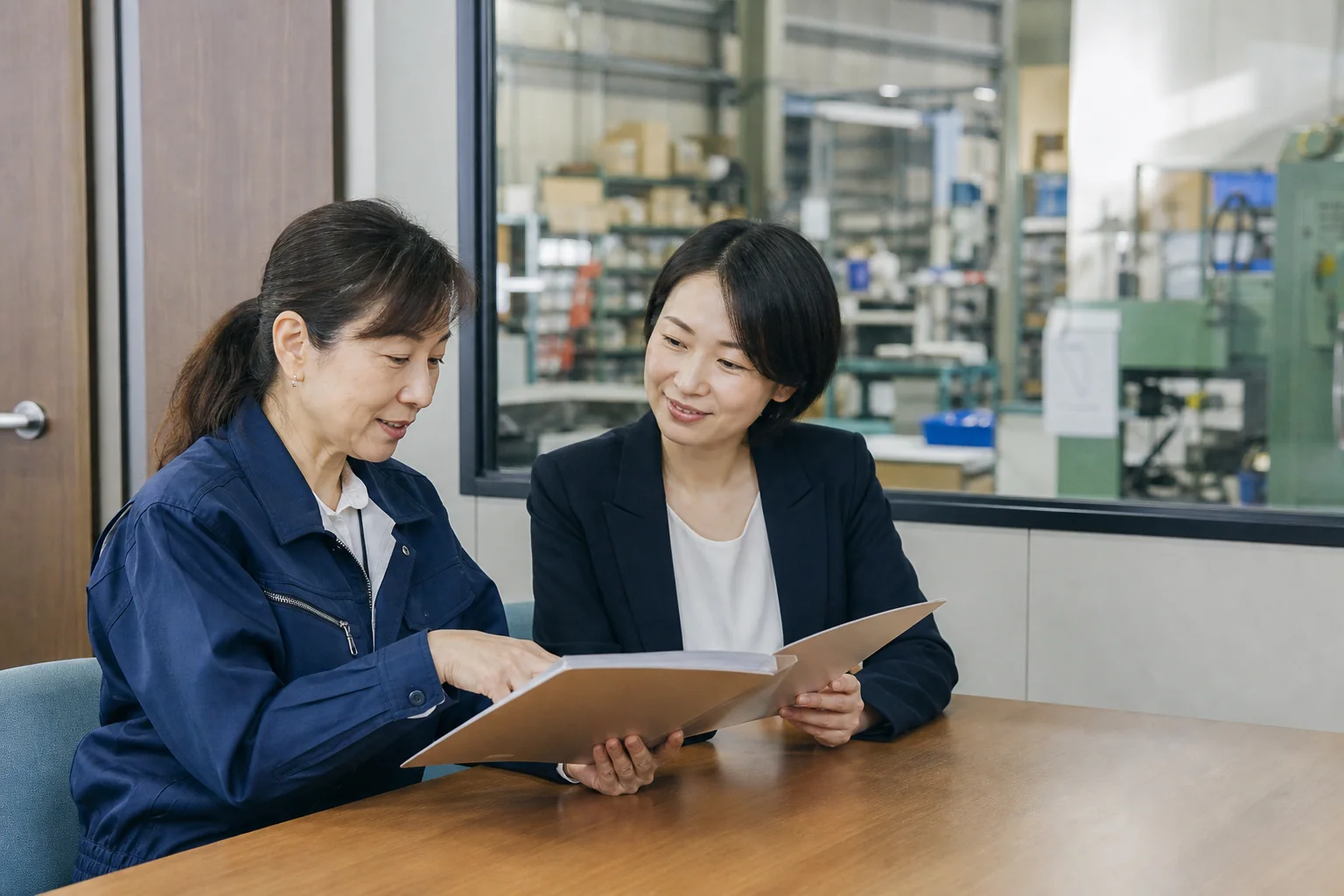 埼玉東部の製造業で事業承継資料を確認する女性経営者とM&Aアドバイザー